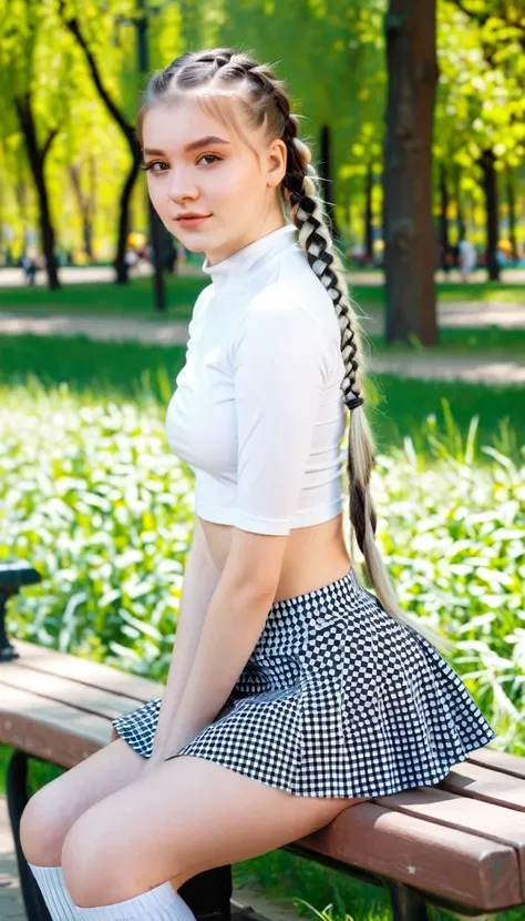 beautiful girl, 16 years, sports , in a white and black checkered miniskirt , braids , sitting on a bench in the park , sunny weather 