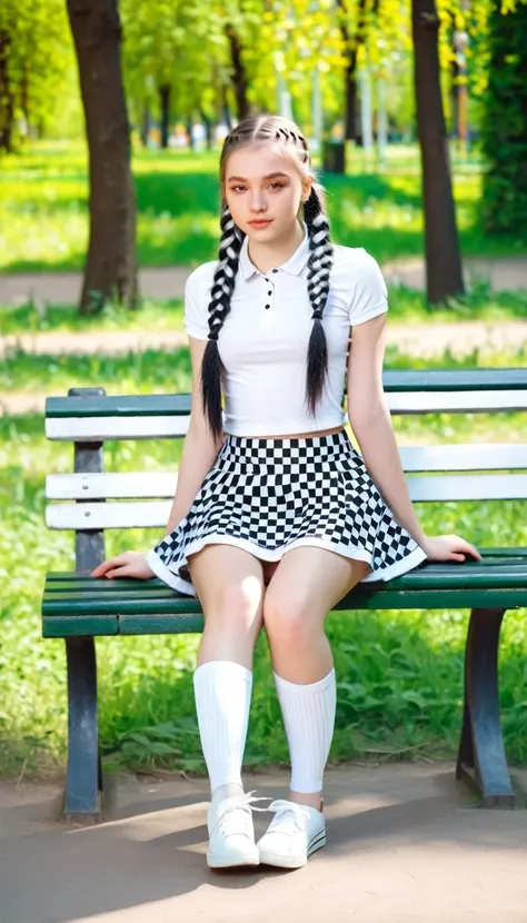 beautiful girl, 16 years, sports , in a white and black checkered miniskirt , braids , sitting on a bench in the park , sunny weather 