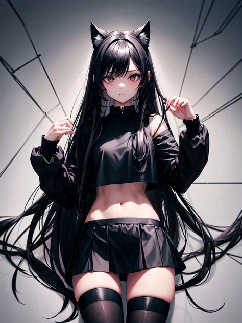 Black long hair girl black cat ears black eyes black cat tail wearing black crop top black skirt black socks locked inside black cage