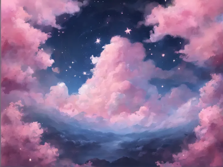 a painting of a crescent and stars in the sky, dreamy night, detailed dreamscape, fluffy pink anime clouds, space clouds, anime clouds, anime background, beautiful iphone wallpaper, dreamy clouds, background art, aesthetic clouds in the sky, fantasy puffy ...