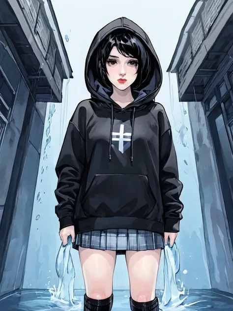 ink wash painting,1girl, solo, skirt, hood, socks, black hair, hoodie, kneehighs, hands in pockets, , necktie, black eyes, short hair, water, hood down, shoes