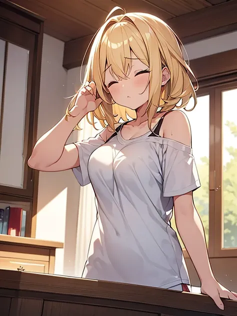 Masterpiece, Top quality, 1 beautiful girl, blond, wave Hair, medium hair, diagonal bangs, (bedhead :1.2), junior high school student, medium breasts, standard weight, large t-shirt, shoulder slip, bottomless, (sleepy :1.2) , tear up, closed eyes, open big...