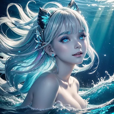 A beautiful siren with aurora rainbow silver hair, eyes full of blue and white sparkles, sparkling light blue fins on her ears, fangs, in the ocean.
