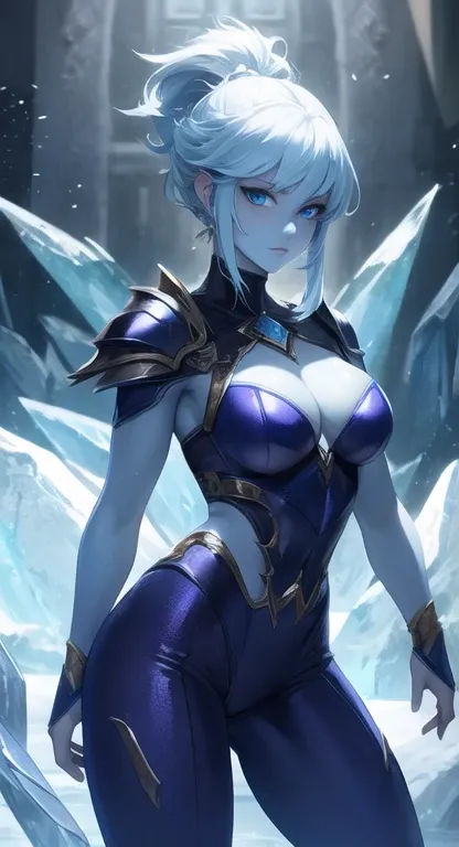 masterpiece, best quality, defined fitness, mythical, ice queen, armor, blue skin,