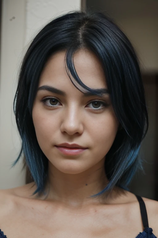 portrait photograph of a (Indifference) woman, blue hair, realistic photo, front face