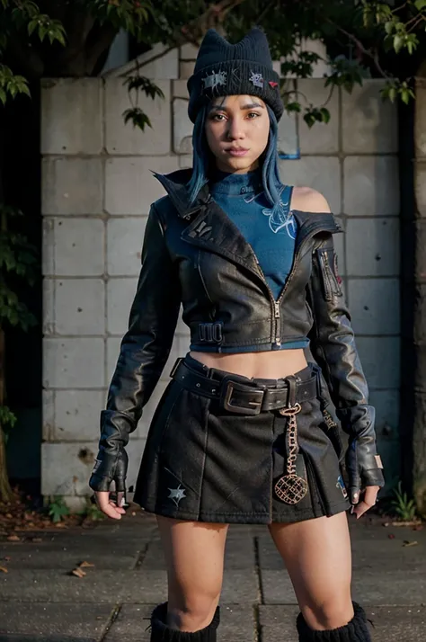 (full body:1.1) (hopefn), blue lips, beanie, navel, blue hair, jacket, skirt, belt, fingerless gloves, in park