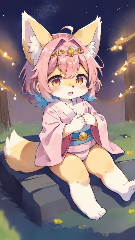 Furry, furry kemono, female fox furry, cute, 4 big and fluffy ear, chubby, cute little baby, pink and coloured hair, fluffy gold and pink coloured tail, a kimono with galaxy pattern, sitting on fluffy cloud, luxury, a luxurious tiara, a night sky backgroun...