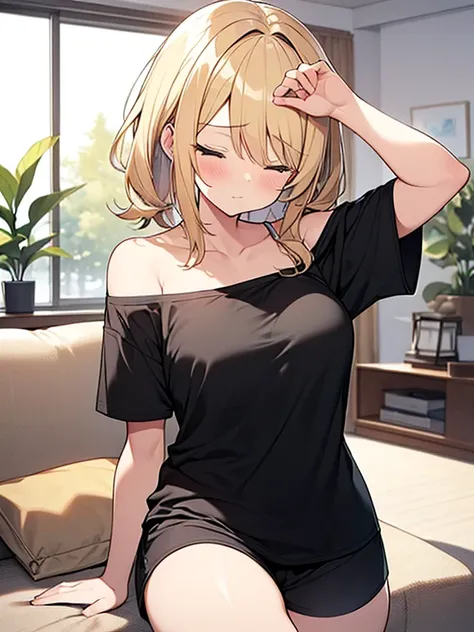 Masterpiece, Top quality, 1 beautiful girl, blond, wave Hair, medium hair, diagonal bangs, (bedhead :1.2), junior high school student, medium breasts, standard weight, (extreme large t-shirt :1.3), (shoulder slip:1.3), Lounge shorts, (sleepy :1.3) , tear u...