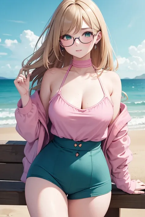 (masterpiece, professional photo:1.1), (8k, high resolution), single, solo women, European, (straight messy hair (dark blonde)), sexy curve, beautiful face, ultra detail eyes, (glasses:1.1), small breast, (high waist short pink:1.2), (teal high neck:1.2), ...