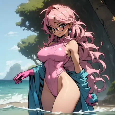 (masterpiece, best quality:1.2), cowboy shot, (solo), (1girl):1.5, (glasses), long fluffy pink hair, hair blowing, gorgeous body, wide hips, slight smile, ((very sexy and transparent (blue leotard)) with exposed navel), musculous belly, gorgeous huge breas...