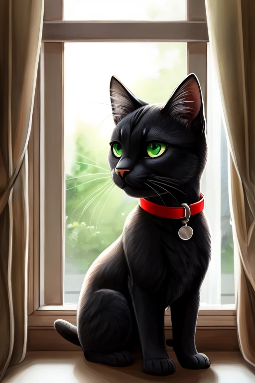 A black shorthair cat with smooth fur, green eyes and a red collar sits on the windowsill and looks out the window.