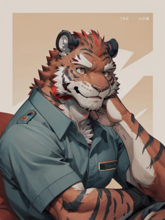 best quality, Kind expression, Furry tiger, Red fur, Red Eyes, Medium muscular body, Handsome, Handsome, nice, casual shirt, Dormitory background