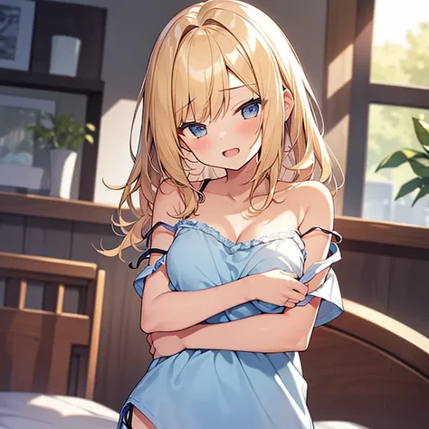 Masterpiece, Top quality, 1 beautiful girl, blond, wave Hair, medium hair, diagonal bangs, (bedhead :1.2), junior high school student, medium breasts, standard weight, (Camisole :1.3), (strap slip:1.3), Lounge shorts, (sleepy :1.3) , happy:1.1, open mouth,...