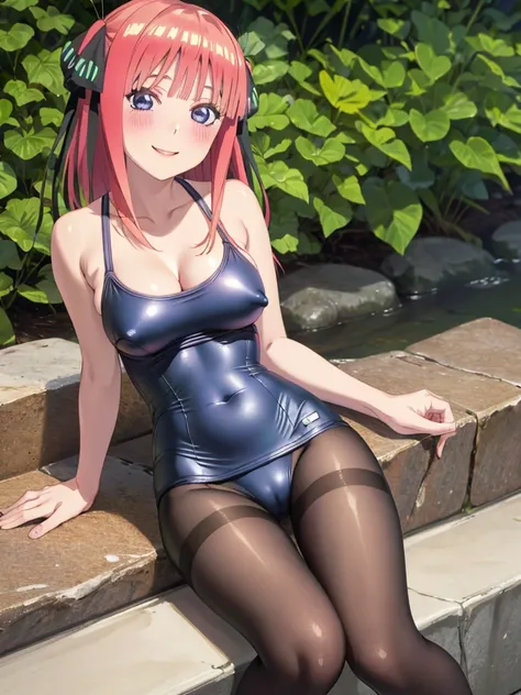 best quality, ultra-detailed masterpiece, nsfw, nino nakano, one-piece swimsuit, breasts, pantyhose, blush, smile, terrace, forest