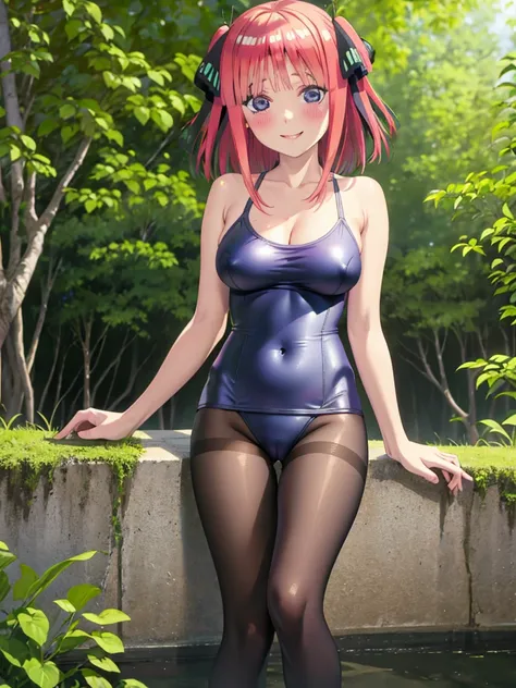 best quality, ultra-detailed masterpiece, nsfw, nino nakano, one-piece swimsuit, breasts, pantyhose, blush, smile, terrace, forest