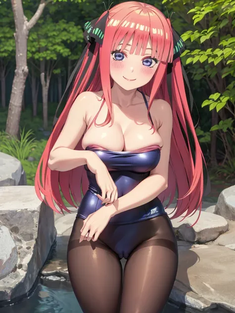 best quality, ultra-detailed masterpiece, nsfw, nino nakano, one-piece swimsuit, breasts, pantyhose, blush, smile, terrace, forest