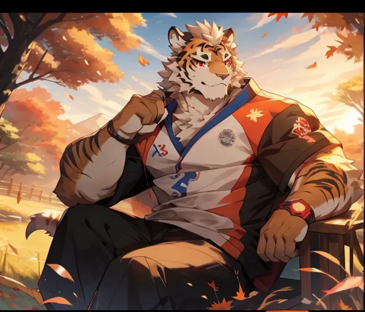 Best quality，4k，枫叶🍁背景，Fallen leaves drift away，Furry tiger，Fur，Red eyes，Strong body，Japanese white samurai suit，Lazy