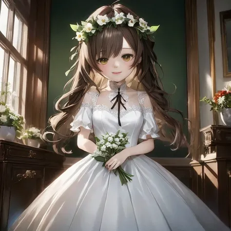 Anime girl in white dress with flowers in her hair, guweiz on pixiv artstation, guweiz on artstation pixiv,  in dress, guweiz, Cute anime waifu in a nice dress, anime moe art style, Anime visuals of cute girls, Smooth Anime CG Art, [ 4 k digital art ]!!, k...