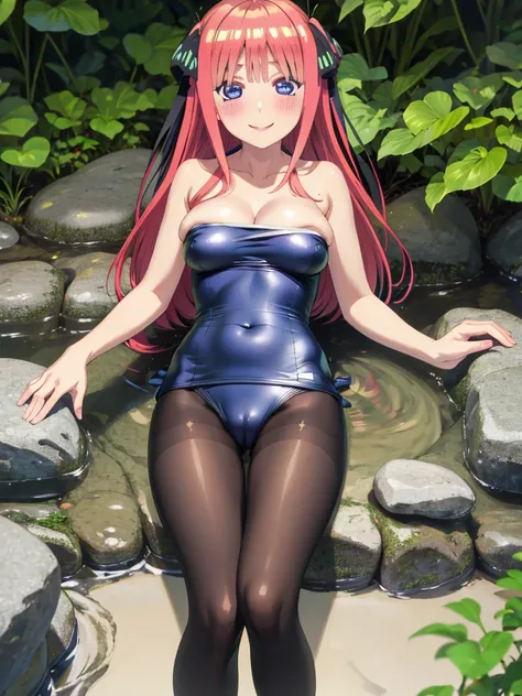 best quality, ultra-detailed masterpiece, nsfw, nino nakano, one-piece swimsuit, breasts, pantyhose, blush, smile, terrace, forest