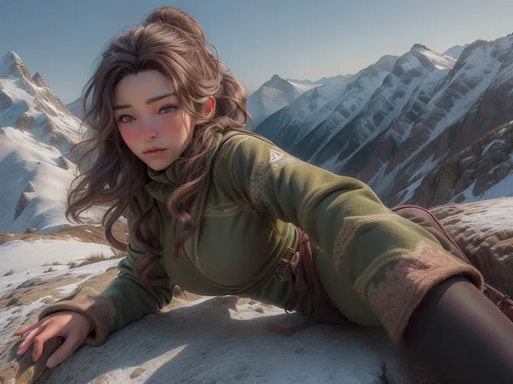 highest quality, masterpiece, highly detailed background, majestic mountain々back view of a girl climbing a hill, ((winter mounta...