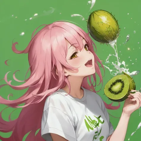 anime girl with pink hair and pink hair holding kiwi, 🍸🍋, guweiz, material is!!! watermelon!!!, artwork in the style of guweiz, ...