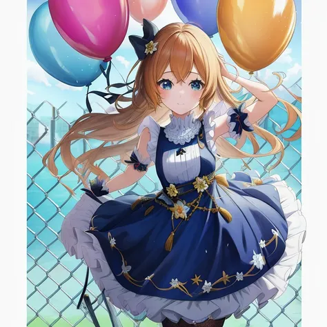 Anime girl with balloons and dress standing in front of fence, Cute anime waifu in a nice dress, splash art anime ,  in dress, (Anime Girl), Cute anime girl, pretty anime girl, kawacy, Anime visuals of cute girls, High quality anime art style, [ 4 k digita...