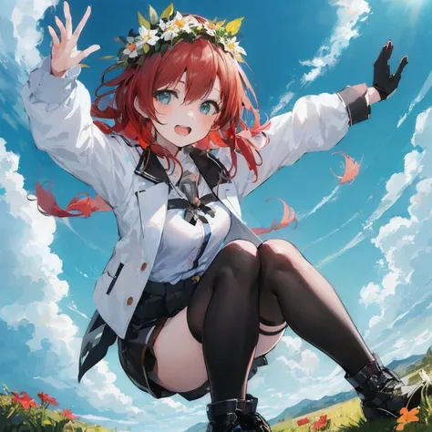 anime girl with red hair and white shirt sitting on top of hill, kantai collection style, girls frontline style, top rated on pi...