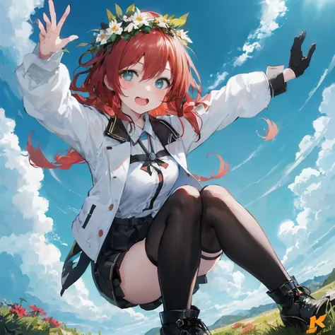 anime girl with red hair and white shirt sitting on top of hill, kantai collection style, girls frontline style, top rated on pi...