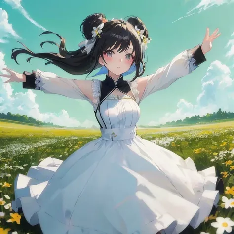 Anime girl in white dress in daisy field, Cute anime waifu in a nice dress, anime style 4 k, Anime visuals of cute girls, guweiz on pixiv artstation, guweiz on artstation pixiv, Anime art wallpaper 8k, anime moe art style, Smooth Anime CG Art,  in dress, B...