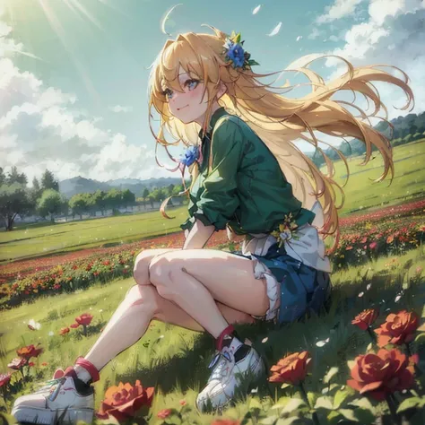 Anime girl sitting in flower garden with sun background, blonde anime girl with long hair, Beautiful anime girl, Beautiful sunflower anime girl, Anime visuals of cute girls, Smooth Anime CG Art, Anime Girl with Long Hair, Beautiful anime, marin kitagawa fa...