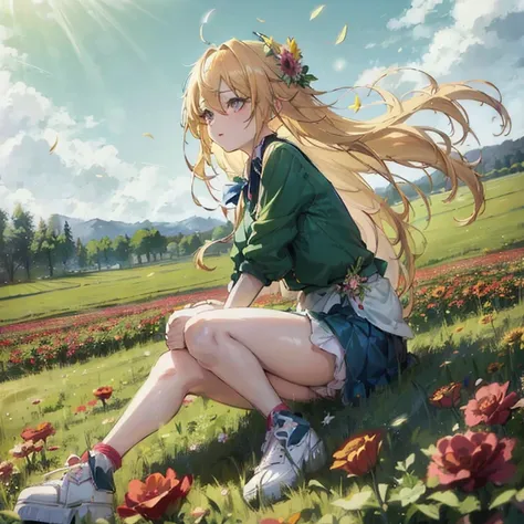 anime girl sitting in flower garden with sun background, blonde anime girl with long hair, beautiful anime girl, beautiful sunfl...