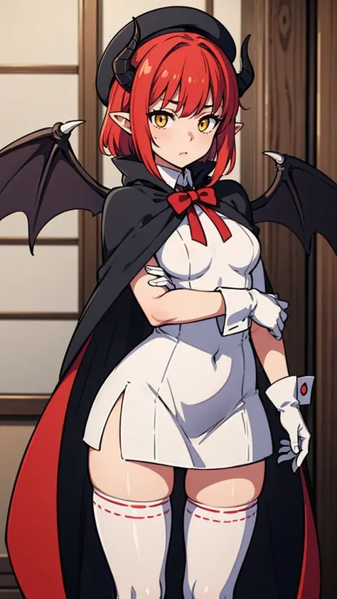 masteRpiece, best quality, 1giRl, Solitary, Yellow eyes, Red haiR, small bReast, demon giRl, Devil Tail, Demon Wings, small demon hoRns, pointy eaRs, (small bReast), (),  Double tail, bat haiR oRnament, cape, white shiRt, white legweaR, Plush Toys, Stuffed...