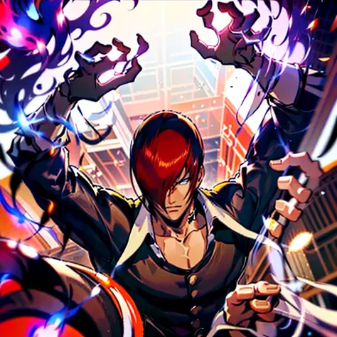 One hand is held like a cat、(Perfect details,masterpiece, Good details),(良い照明 Perfect details, Perfect eye details, Perfect anatomy details,(Iori Yagami, King of Fighters,), Iori Yagami, KOF,(original design：Yagami-an,),A perfect move with no mistakes, エラー...