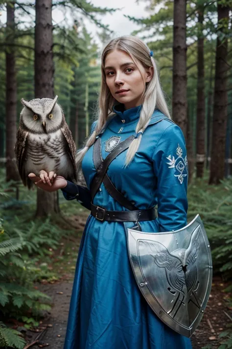 a woman in a blue dress holding an owl and a shield, beautiful nordic woman, freedom from cptsd, auction catalogue photo, beautiful female white, north female warrior, photo of the girl, shining nordic runes, swedish forest, armored units, irina French