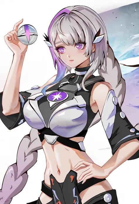 yinji,1 Girl,1 Goddess，Looking，,purple_hair,purple_Eye,Very_long_hair,grey_hair,Braided_Ponytail,Large target_breast,slope_hair,