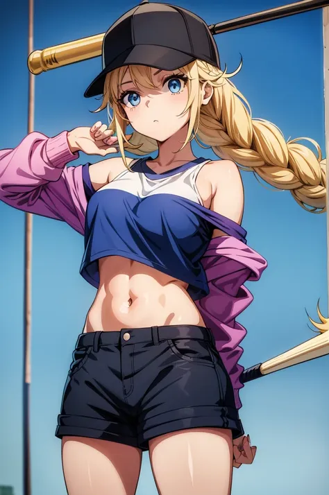 a cartoon female in shorts and a baseball hat facing the camera and holding a baseball bat, 1girl, hat, braid, baseball cap, blue eyes, navel, shorts, blonde hair, solo, long hair, jacket, crop top, off shoulder, twin braids, midriff, breasts