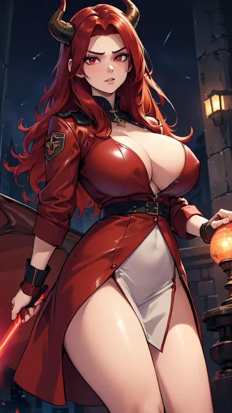 Masterpiece: 1.3, 1 girl ((25 years old, dressed in a tight military burgundy leather dress, with a mighty spear in her hand. huge breasts, long bright red hair, beautiful face, perfect model body, large dragon horns, bright red eyes: 1.4, cold-blooded and...