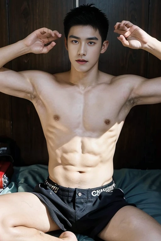 （Handsome Chinese guy：1.5）Libido boy，sexy, shirtless, lifted arms, spread legs, sitting, pubes，Brush cut，Textured skin，looks into camera，18-year-old boy，Studio，danshi koukousei，Muscle role，Perfect shadow body，Gigachad muscle，The trend is at CGSTATION，Hero ...