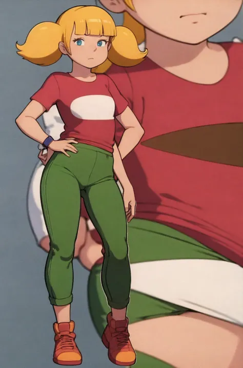 score_9_up,score_8_up,score_6,score_5,score_4, solo, masterpiece, best quality, 1girl, penny, blonde hair, twintails, blunt bangs, blue eyes, red shirt, green pants, brown shoes, (wristwatch:0.6), full body, standing, contrapposto, solo, simple background,...