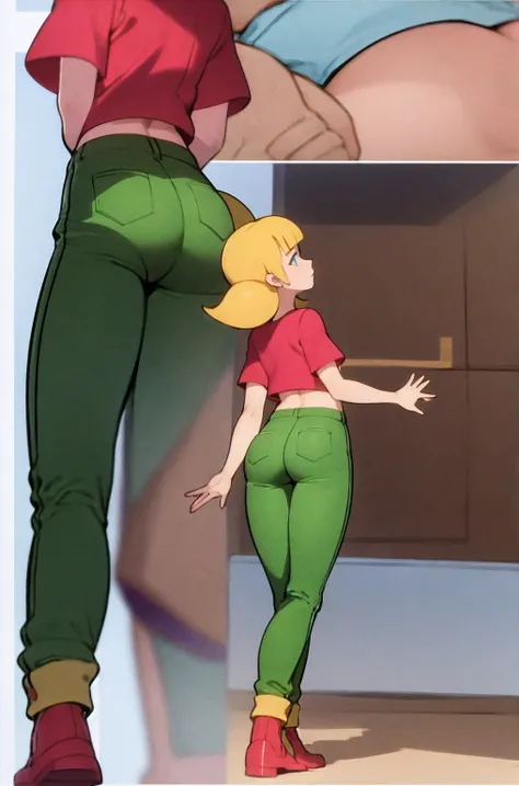 score_9_up,score_8_up,score_6,score_5,score_4, solo, masterpiece, best quality, 1girl, penny, blonde hair, twintails, blunt bangs, blue eyes, red shirt, green pants, brown shoes, (wristwatch:0.6), full body, standing, contrapposto, solo, simple background,...