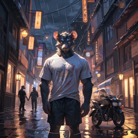 handsome male, rat, tall slinky muscular build, light silver long messy fringe, ((best quality)), ((masterpiece)), (detailed), perfect face, silver fur, gold eyes, good detailed eyes , large baggy white t-shirt, mysterious, realistic, dark street backgroun...