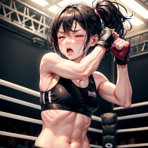 Drenched in sweat and covered in bruises, she is in a mixed martial arts ring against a female fighter. Her opponent woman pushing her face by a fist. One eye closed and mouth open, she is gasping for breath and drooling. She is a cute Japanese high school...