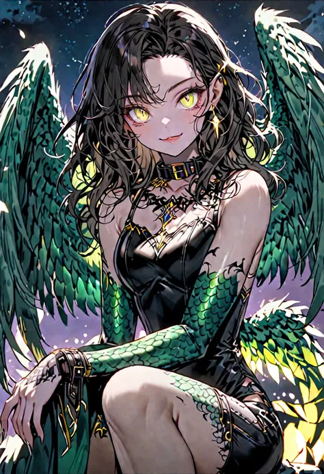 solo, female, sfw, medium shot, lean, athletic build, creamy skin, rich dark brown hair, wavy hair, medium hair, piercing yellow eyes, slit pupils, large wings, iridescent feathers, emerald-green wings, lithe, feline grace, leather strips, jewelry collar, ...