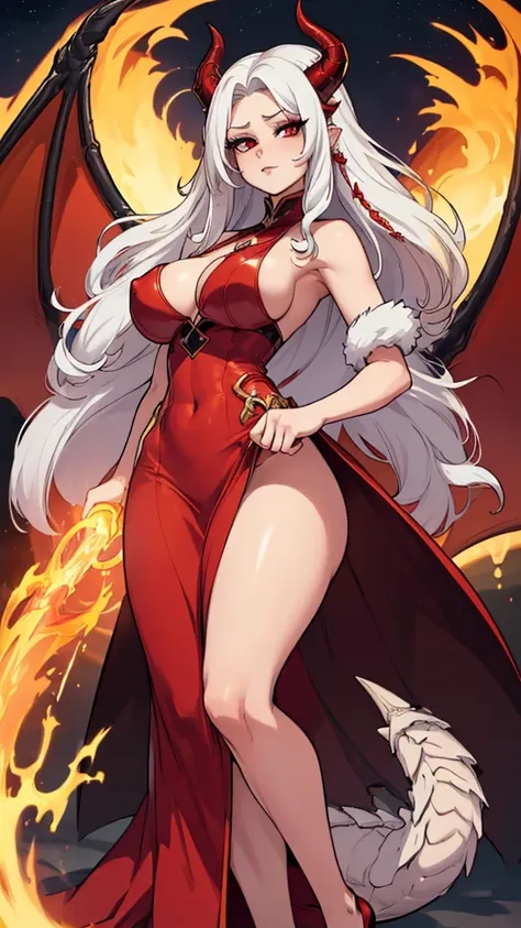 Masterpiece: 1.3, 1 girl ((25 years old, dressed in a tight red dress and gold details, huge breasts, long bright white hair, beautiful face, perfect model body, large dragon horns, bright red eyes: 1.4, happy , crazy and lustful face looking at a girl: 1....