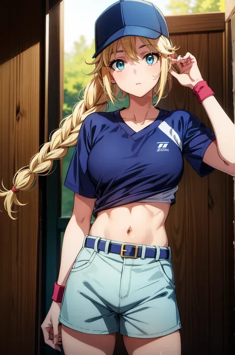 a comic book image of a blond female baseball player with a baseball hat, 1girl, solo, blonde hair, baseball cap, baseball uniform, hat, navel, shorts, green eyes, baseball mitt, outdoors, belt, wristband, blue shorts, breasts, shirt, white shirt, short sl...