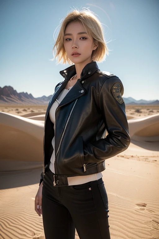 best quality,height,very detailed,realistic,gorgeous korean woman Short blonde hair and blue eyes.,Beautifully detailed eyes,detailed lips,Member of a biker gang,Tattoos all over her body,Ride a powerful black motorcycle in the vast and arid desert..,Leath...