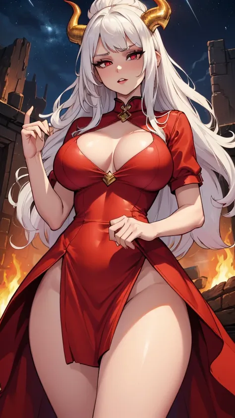 Masterpiece: 1.3, 1 girl ((25 years old, dressed in a tight red dress and gold details, huge breasts, long bright white hair, beautiful face, perfect model body, large dragon horns, bright red eyes: 1.4, happy , crazy and lustful face looking at a girl: 1....