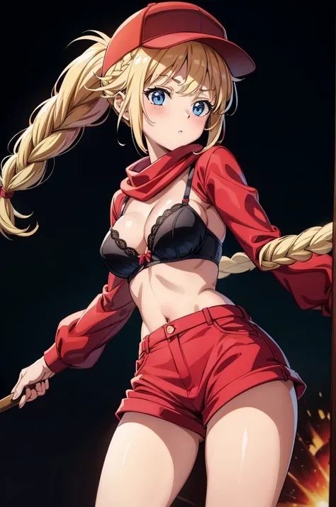 a woman with blonde hair, red shirt and shorts holds a baseball bat, 1girl, braid, long hair, shorts, solo, blonde hair, hat, breasts, blue eyes, red shorts, underwear, bra, black headwear, baseball cap, scarf, thigh strap, twin braids, looking at viewer, ...