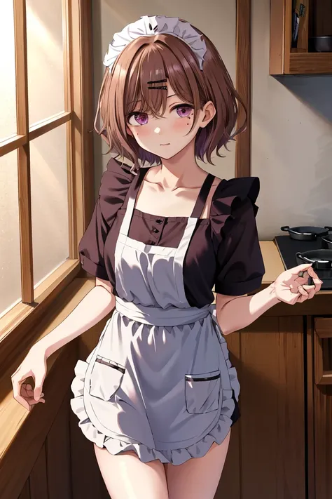 Best quality， higher， 1 Girl， Higuchi Madoka， Brown hair， Moles under the eyes， Hair accessories， Hairpin， Short and delicate hair， By Bangs， Purple Eye， Cowboy lens，  ((Shy)), ((apron)), ((nude)), naked apron,thigh，  Poker face， 