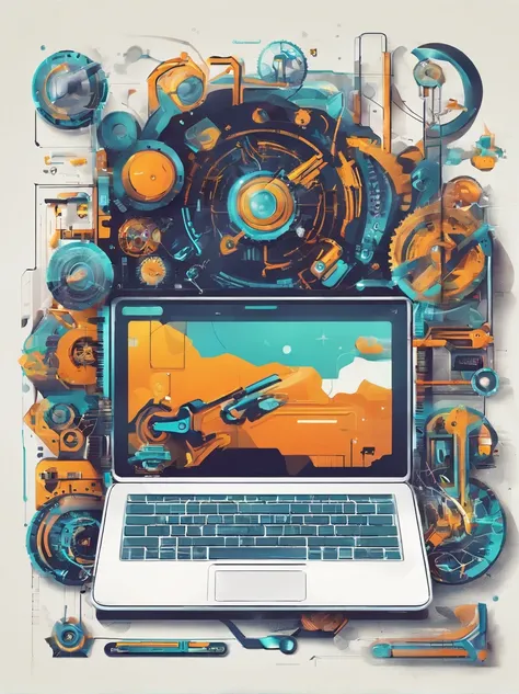 Futuristic Tech Repair Concept with Laptop, Smartphone, and Tools. Vibrant featuring digital UI,UX interfaces across devices with floating wrench and gears, symbolizing technology maintenance